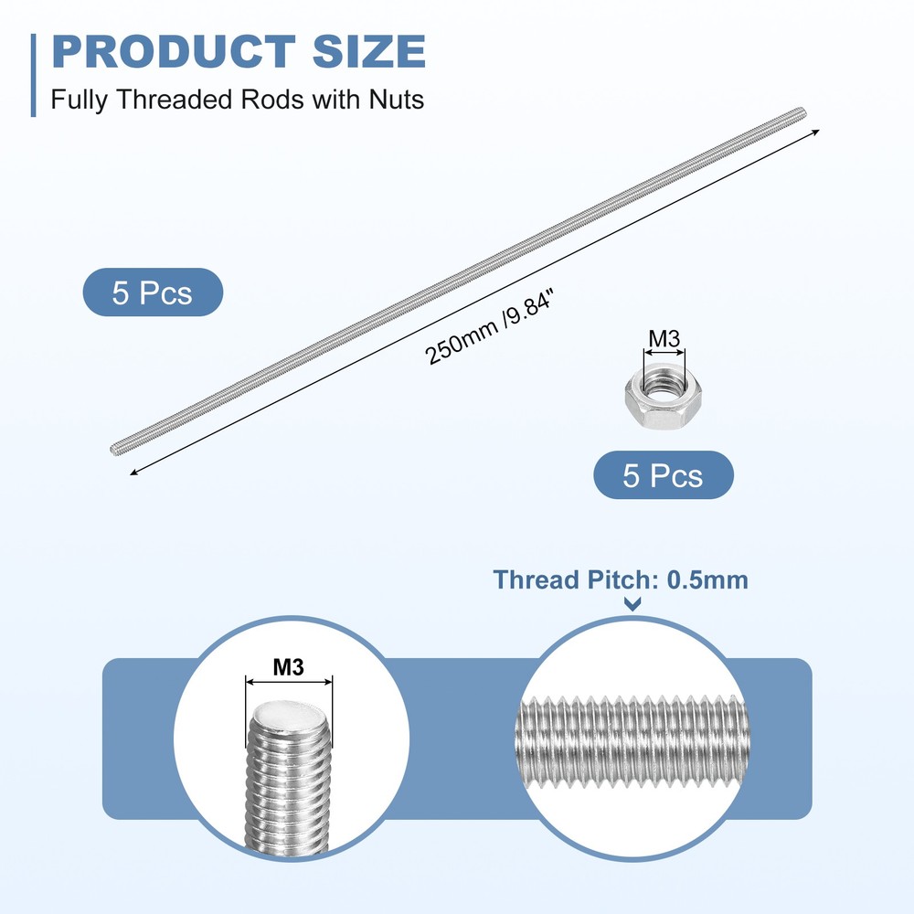 5Set M3-0.5x250mm Fully Threaded Rods, Stainless Steel Thread Bar Studs & Nuts