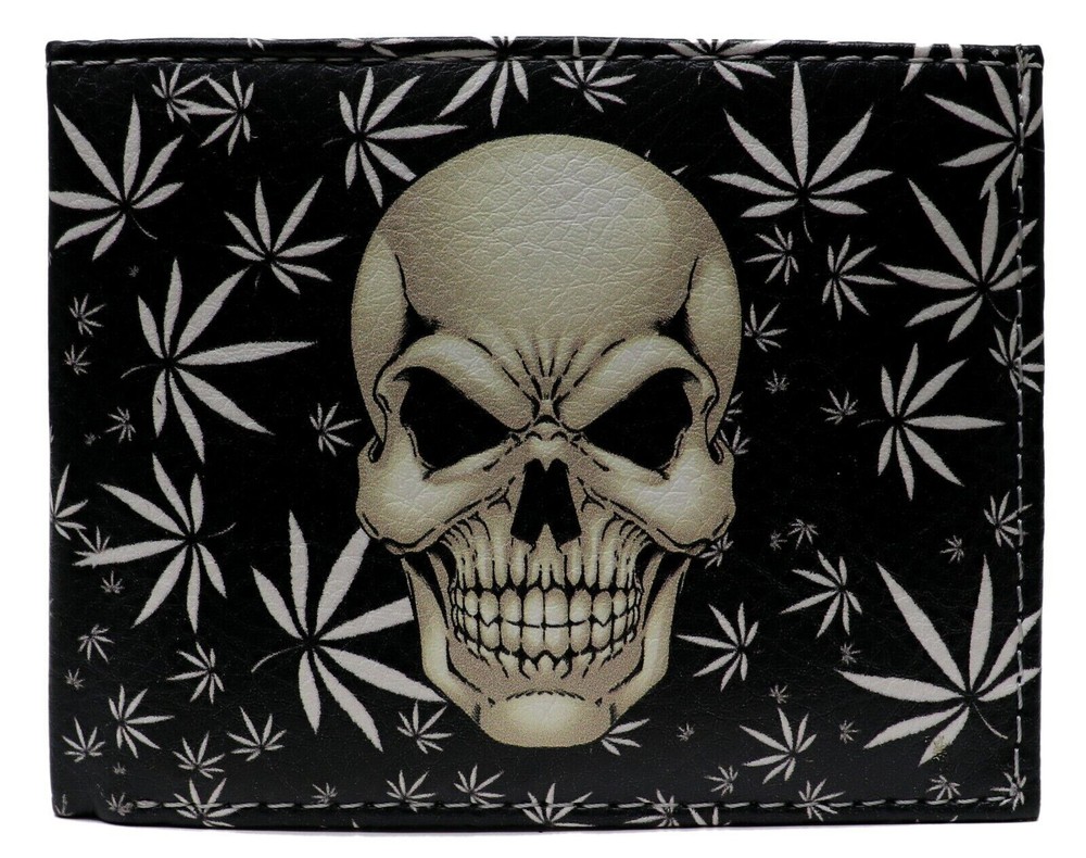 Skull Head Marijuana Weeds Potleaf 420 Leather Bi-Fold Bifold Wallet