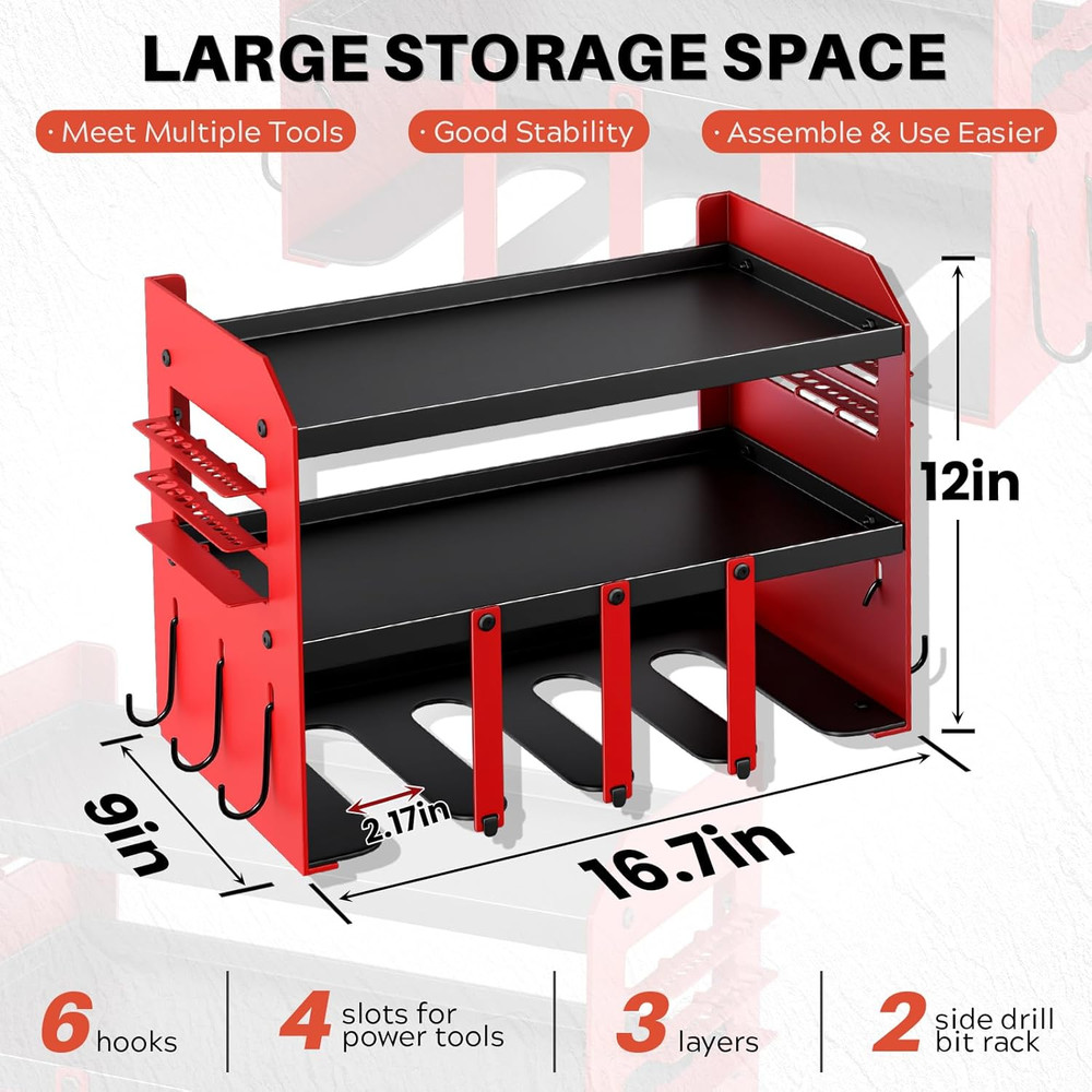 Power Tool Organizer Wall Mount - 120Lbs Load 3 Layers Storage Rack 4 Drill Hold