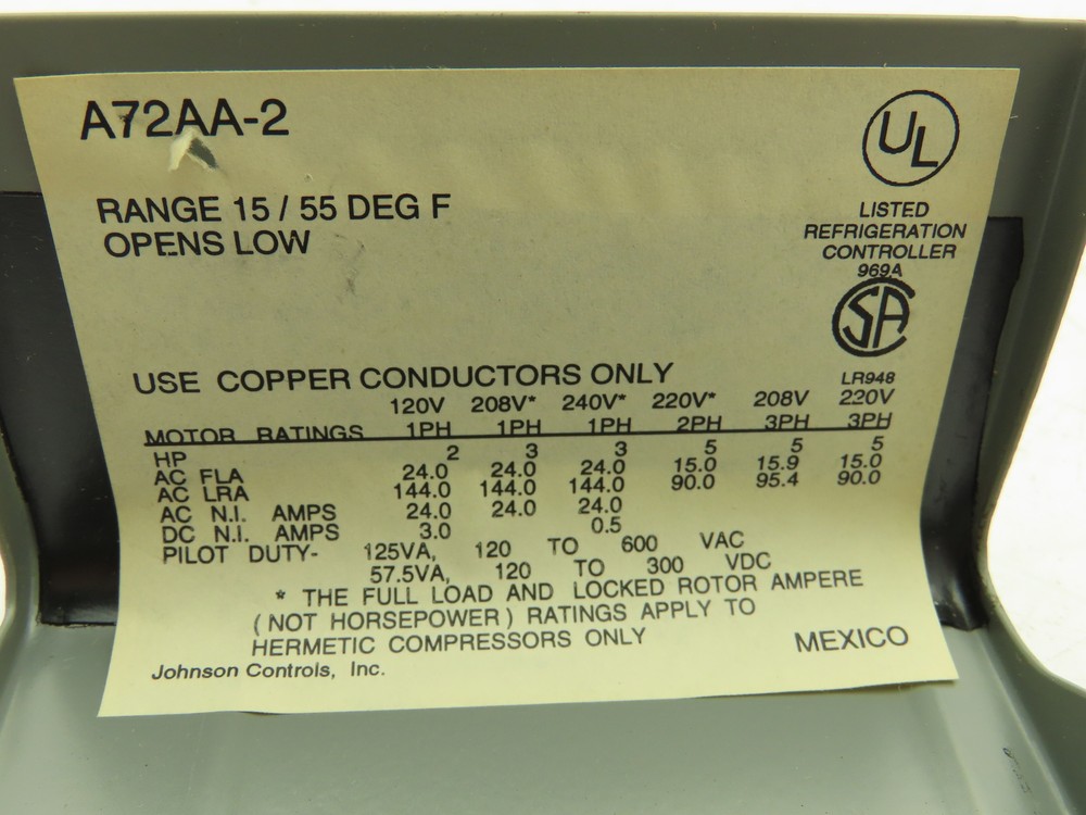 Johnson Controls A72AA-2 Temperature Control 15-55F Close High Opens Low