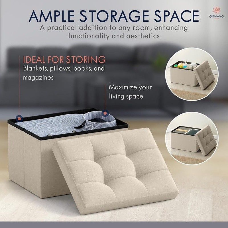 Foldable Storage Ottoman Multi-Use Footrest Comfortable Linen Rectangular Design