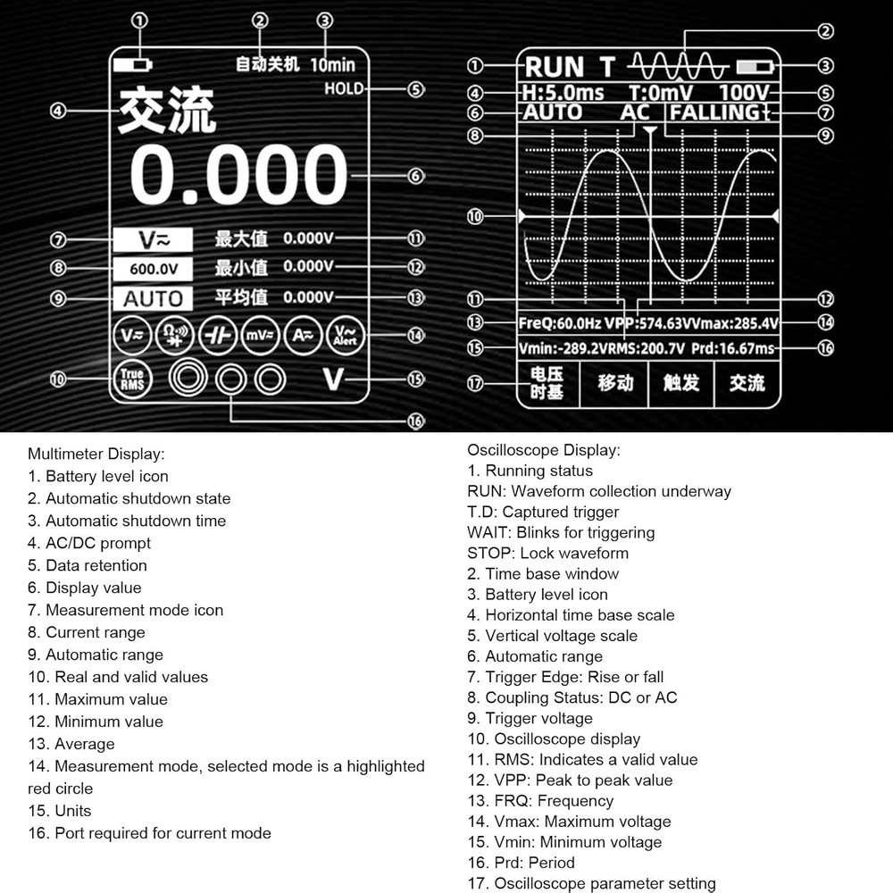 BSIDE Digital Oscilloscope Multimeter Handheld Current Voltage Ohm Diode Tester