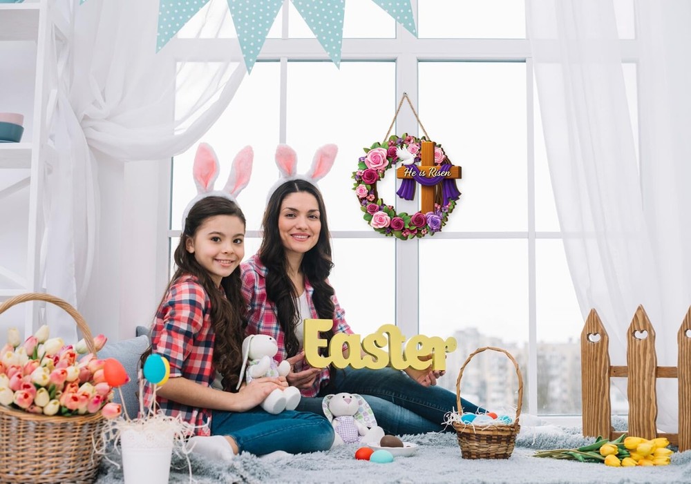 Christian Easter Decorations, He is Risen Easter Wooden Wreath for Front Door...