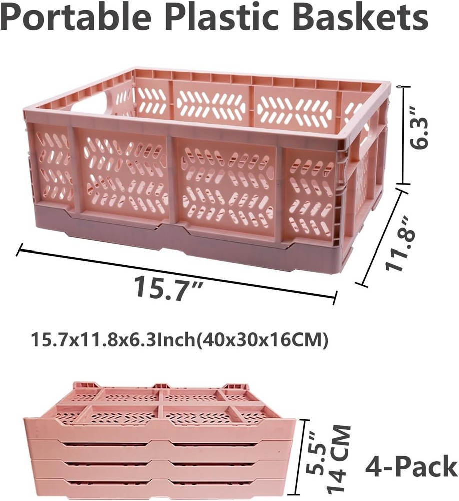 20L Foldable Crates, 4Pack Plastic Baskets for Home and LT PINK-4PACK