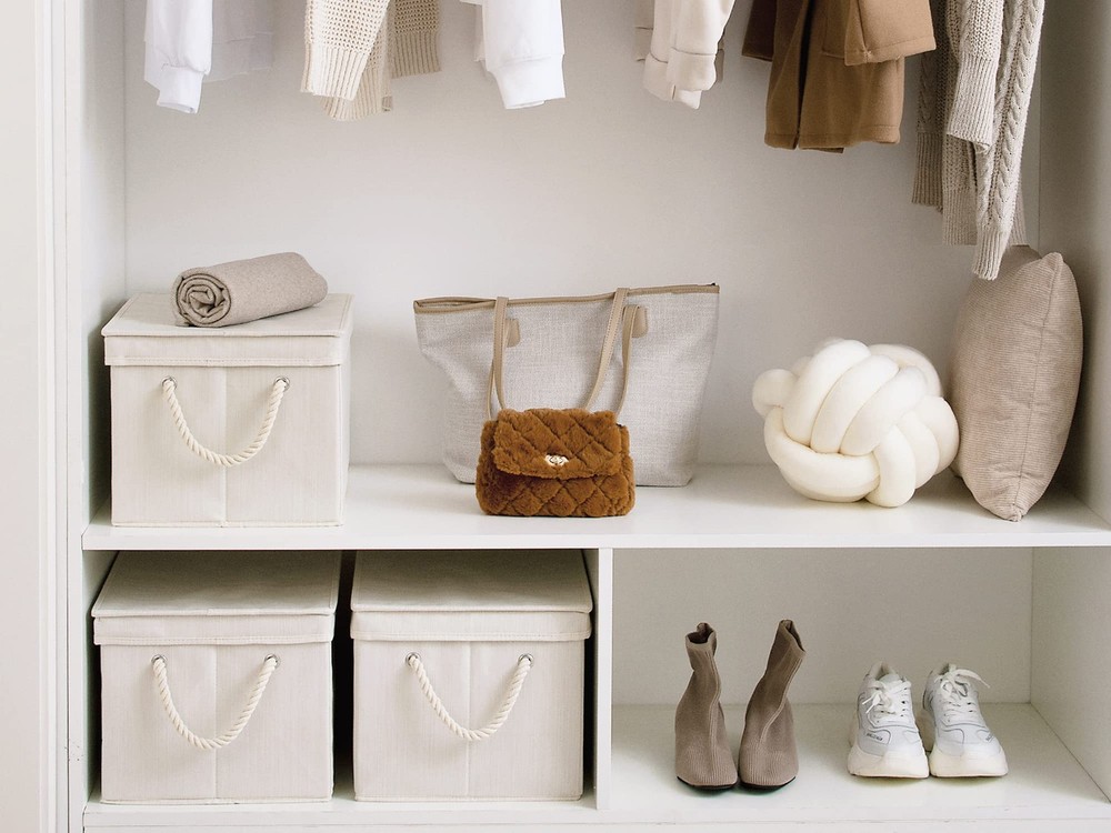 Storage Bins with Lids, Decorative Storage Boxes with Soft Rope Handles, Fold...