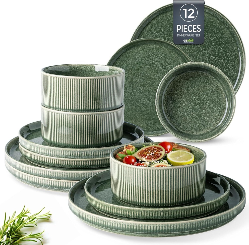 Stoneware Dinnerware Sets for 4,Round Reactive Glaze Ceramic Plates and Bowl Set