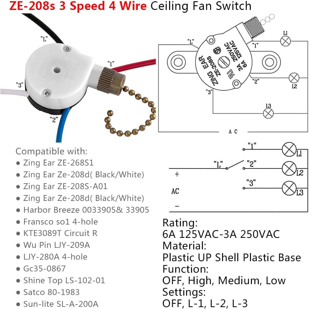 Ceiling Fan 3-Speed Pull Chain Switch 4 Wire Pre-Wired ZE-208S Bronze Switch