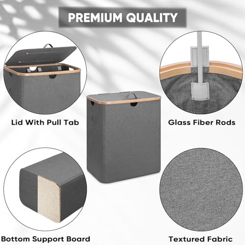 Laundry Hamper with Lid, Tall Laundry Baskets with Bamboo Pull 140 liters Grey