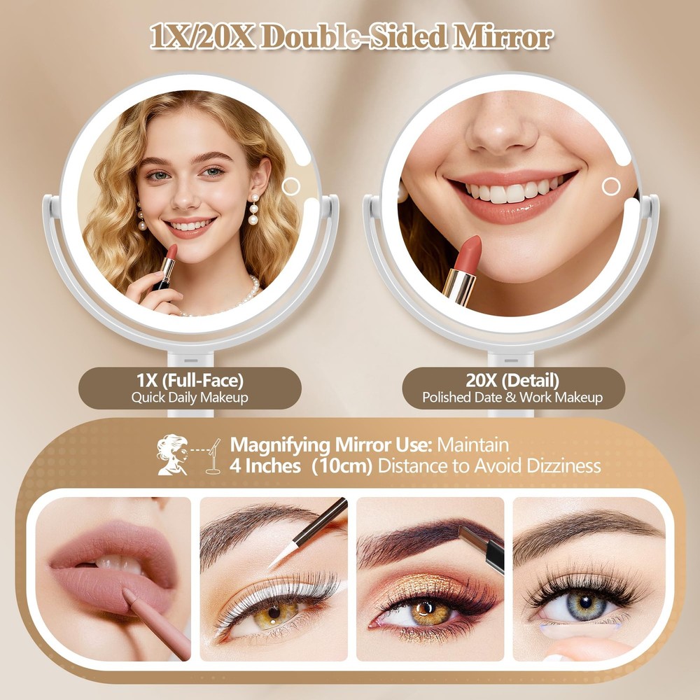 Makeup Mirror with Lights, Double Sided 1x/20x Magnifying Mirror with Light, ...