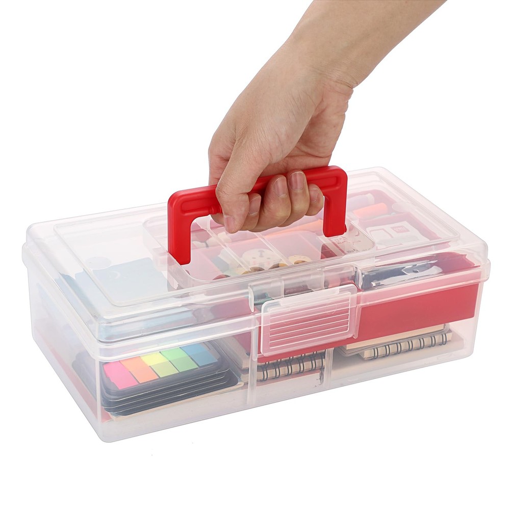 Clear Plastic Storage Box with Tray Handle Craft Sewing Organizer 2 Pack