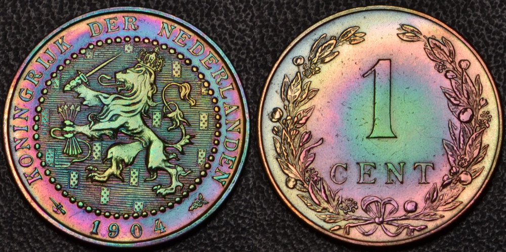 1904 Netherlands 1 Cent rainbow toning **SHARP DETAILS** (60-74)