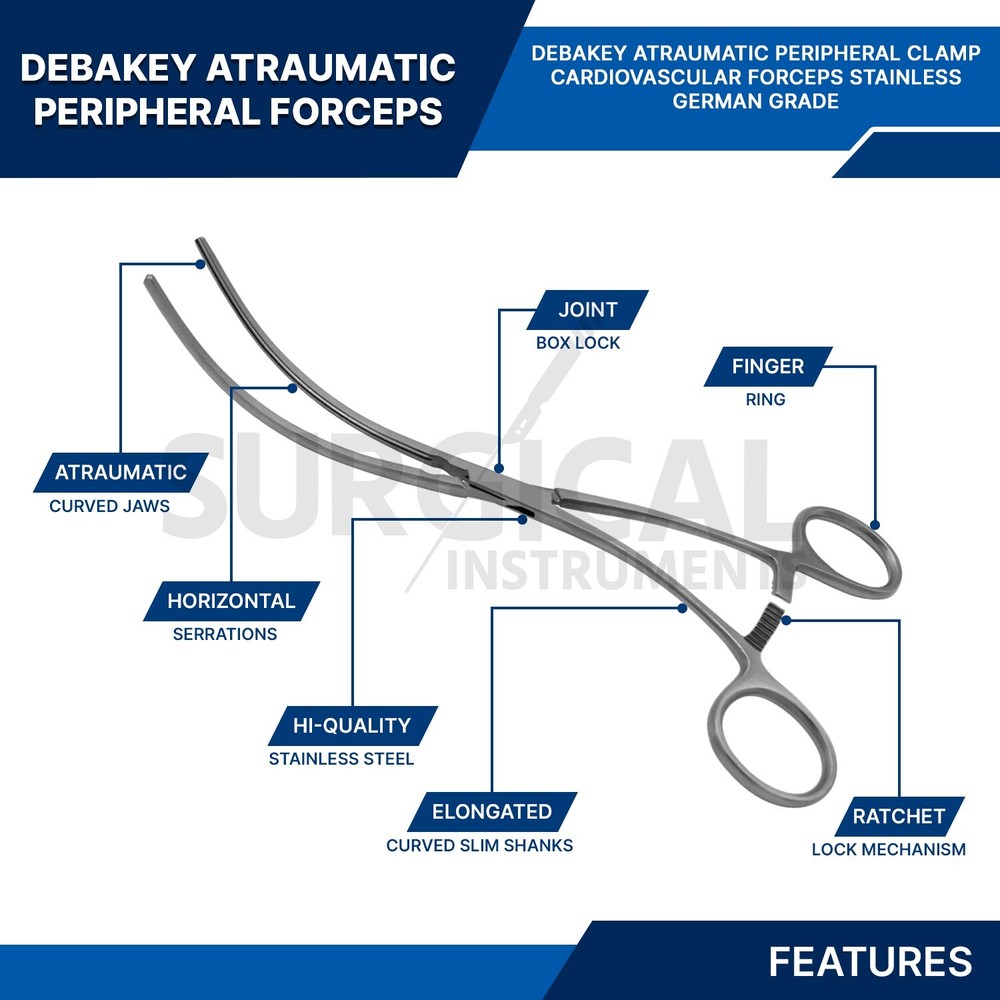 DeBakey Atraumatic Peripheral Clamp Forceps 8" Vascular Instruments German Grade