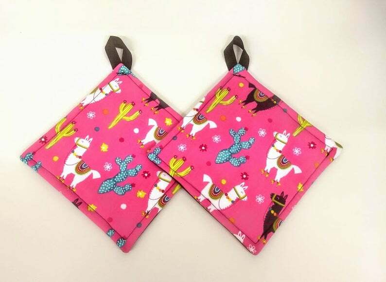 Pink Llama Potholder or Hotpad with hanging loop
