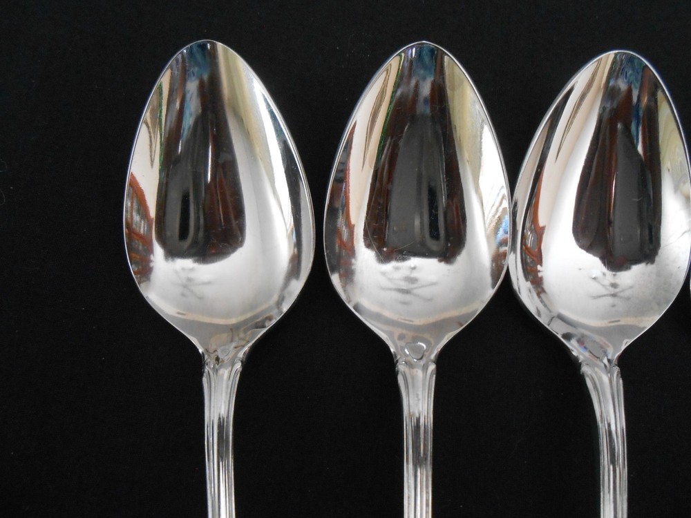 6 STAINLESS FLATWARE SOUP SPOONS 7 3/8" JAPAN UNKNOWN PATTERN LINE SCROLLS