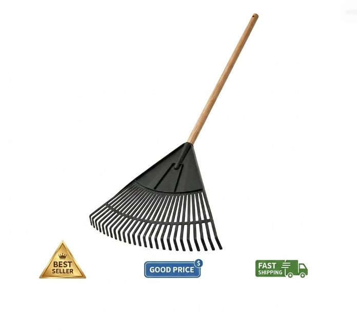 24-Inch Wood & Poly Leaf Rake, Durable Garden Lawn Rake