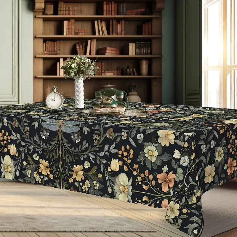 Rustic Rectangular Tablecloth Black Bunny Floral Washable 60 x 84 Inches