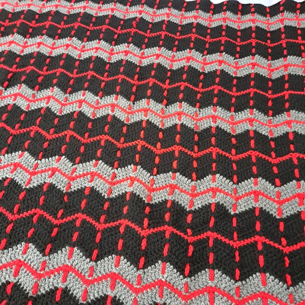 Afghan Blanket Red Black Grey Crocheted Bed Throw 48" x 67"