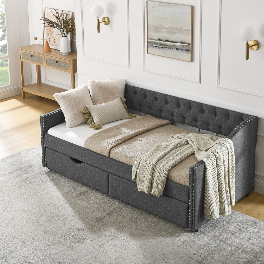Twin Size Daybed Upholstered Bed Frame Sofa Bed with 2 Storage Drawers Dark Grey
