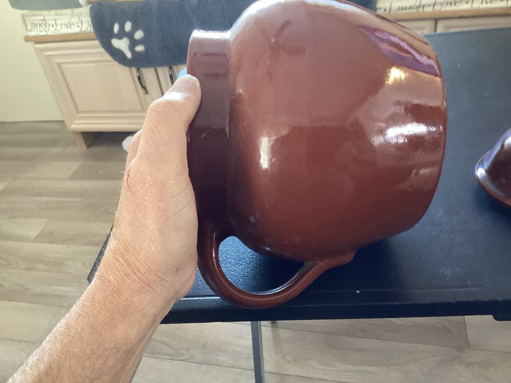 Heavy Brown Single Handle Bean Pot with Non Matching Lid