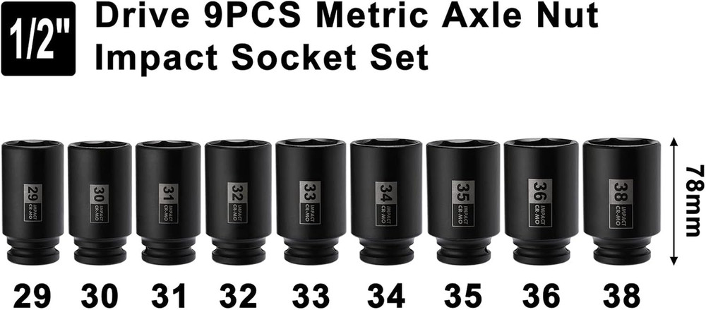 9PCS 1/2 Inch Drive Deep Impact Socket Set, 29-38MM, Spindle Axle Nut S