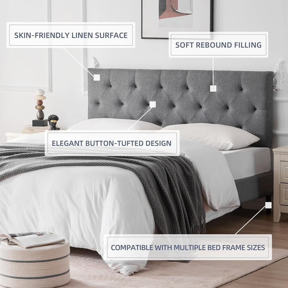 Linen Upholstered Headboard Queen Size, Modern Diamond Tufting Solid Wood Queen