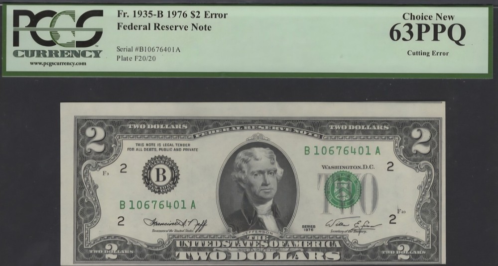 💫💥 ERROR 1976  2 dollars bill Cutting Error  63 PPQ