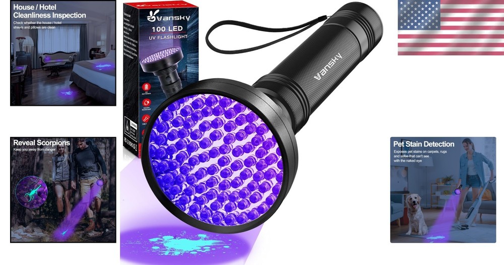 Ultra Bright 100 LED UV Flashlight - Effective Pet Urine & Bed Bug Detector