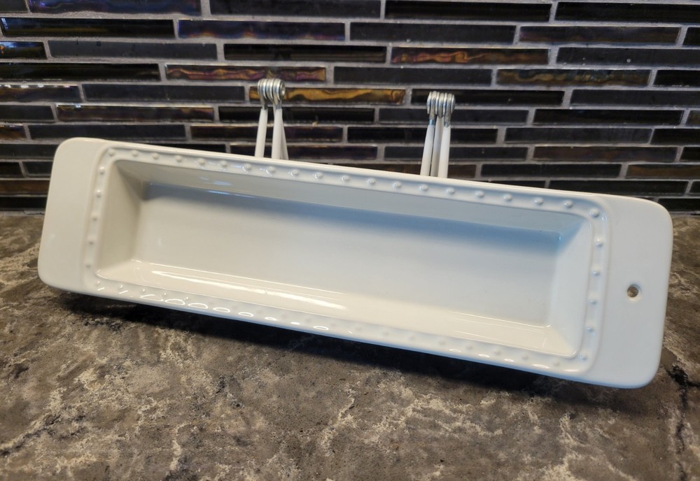 NORA FLEMING STONEWARE CRACKER TRAY 12" WHITE PEARL DOT RECTANGLE SERVING DISH