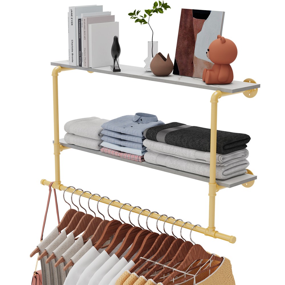 Saving Space Clothes Display Rack Wall-mounted with Hanging Rod for Laundry Room