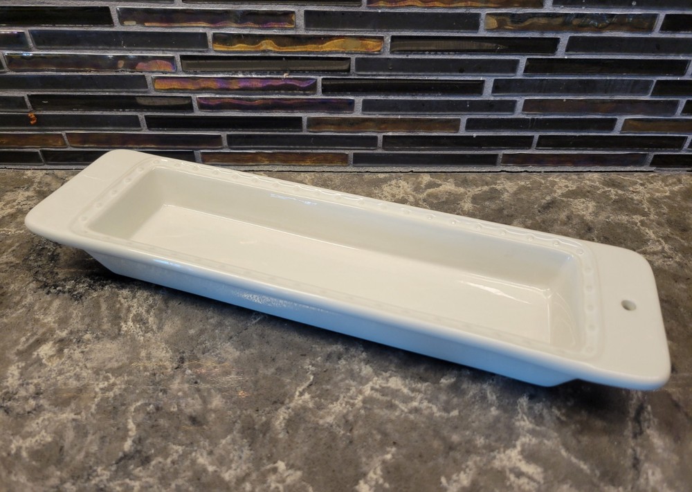 NORA FLEMING STONEWARE CRACKER TRAY 12" WHITE PEARL DOT RECTANGLE SERVING DISH
