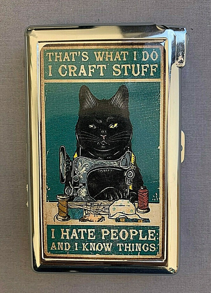 Black Cat Craft Stuff Hate People Cigarette Case with lighter ID Holder Wallet