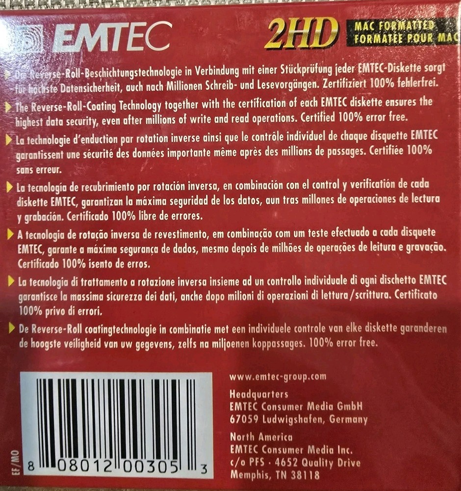 EMTEC 2HD MAC Formatted 3.5" 10 DISKETTE Pack Sealed (PC Formatable) 2 Packs