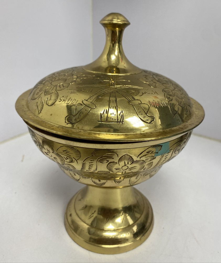 Vintage Brass Etched Bowl Dish Urn