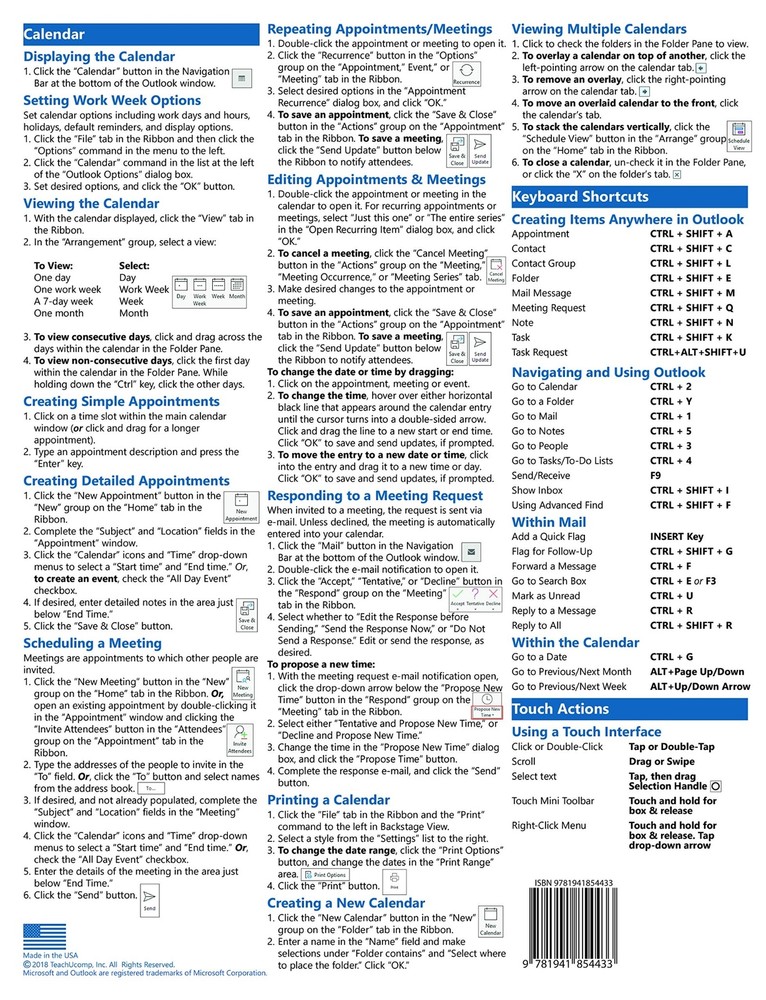 Outlook 2019 Training Guide Quick Reference Card 4 Page Cheat Sheet Instructions