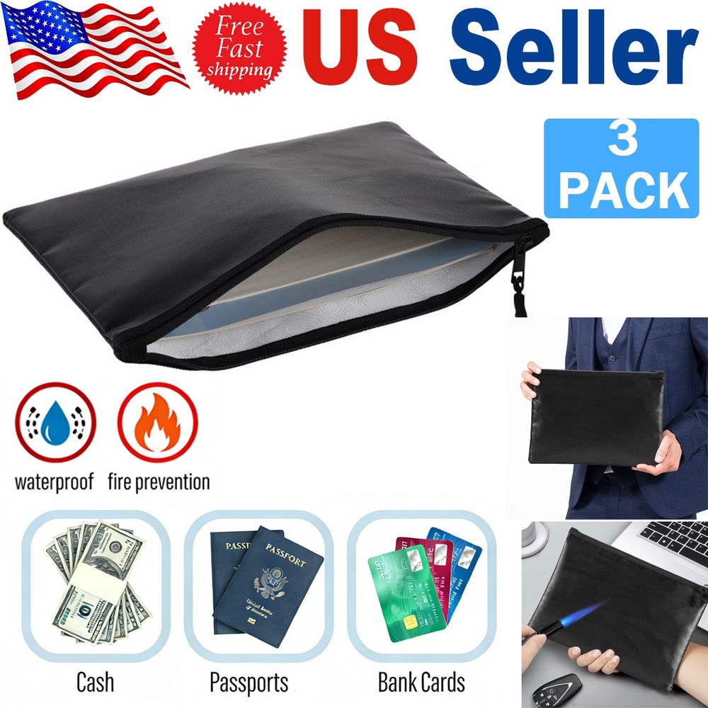 3 PACK 2000℉ Fire Proof Bag Waterproof Fireproof Document for Valuable Cash-M/L