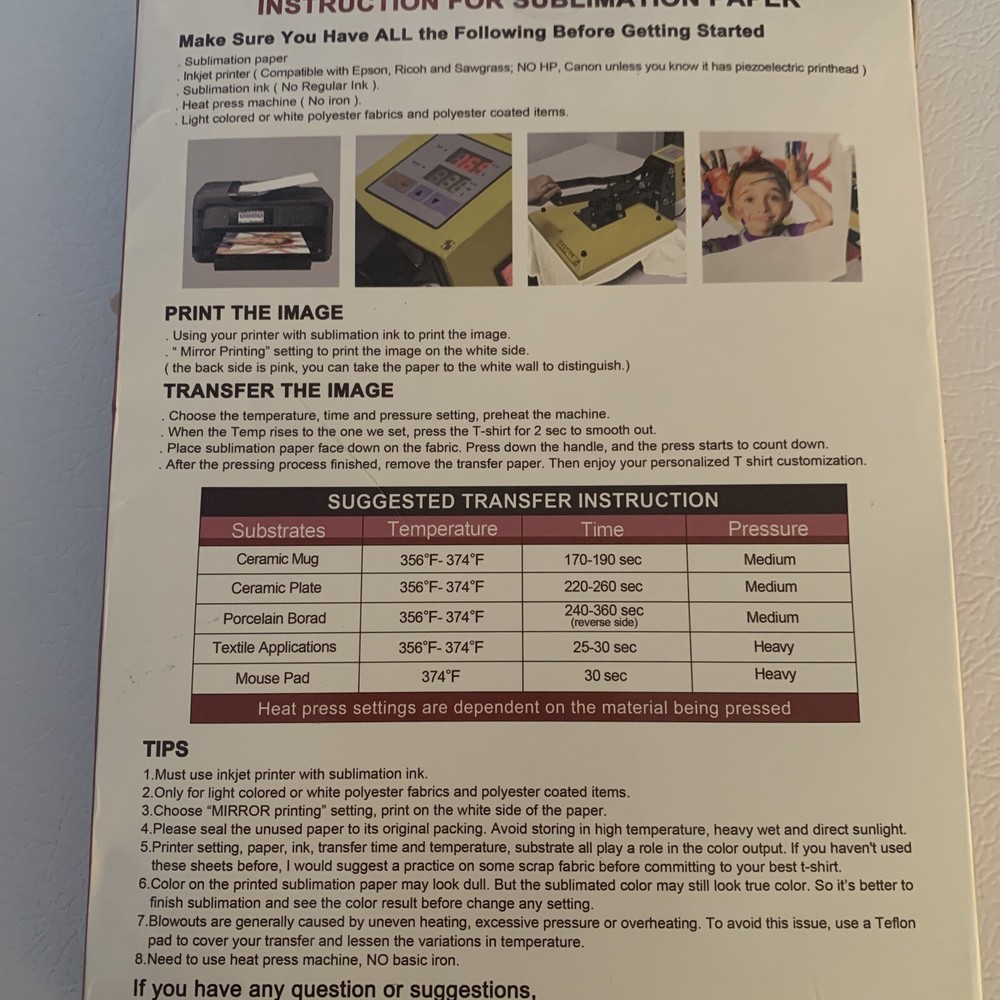 8.5 x 11'', 150 Sheets for any inkjet printer with sublimation inks