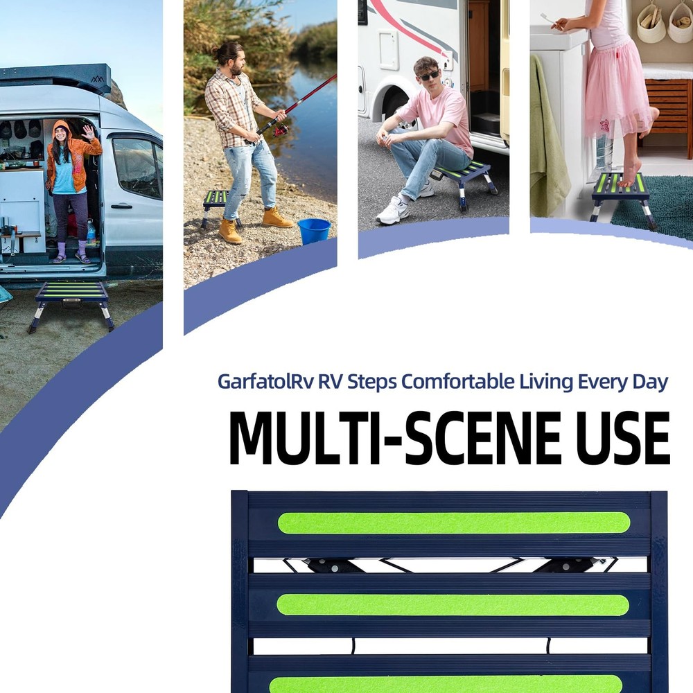 Aluminum 4Step Adjustable Folding RV Step Stool, NonSlip, 1000lb, Blue