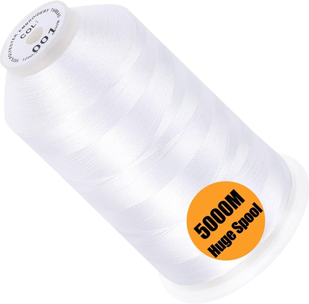 Single Huge 5000M Spool of White Polyester Embroidery Thread - Maximum Strength