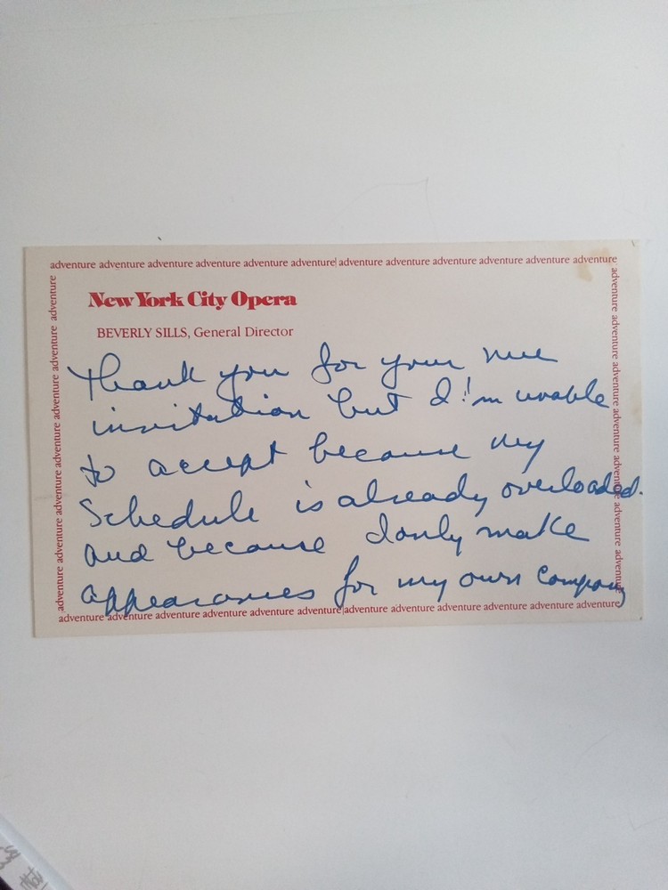 Beverly Sills Opera Legend Soprano Signed Notecard JSA