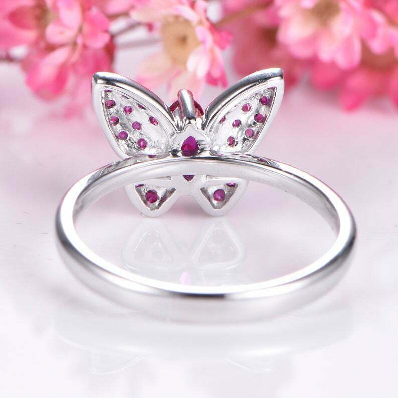 3.4ct Lab-Created Ruby Engagement Ring Butterfly Design 14k White Gold Plated