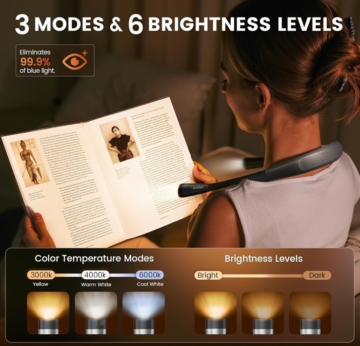 Glocusent Book Light, 3-Color & 6-Brightness Reading Light, Bendable Neck Light,