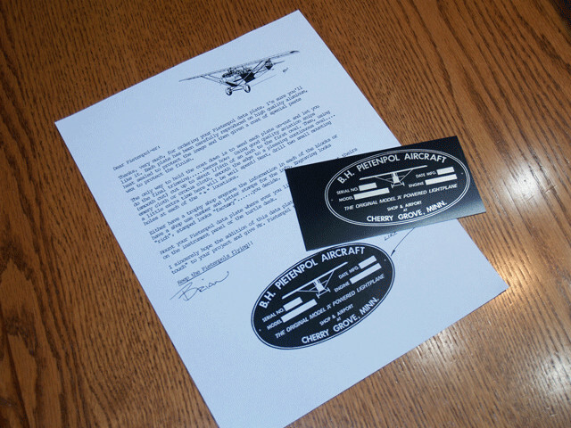 Pietenpol Data Plate