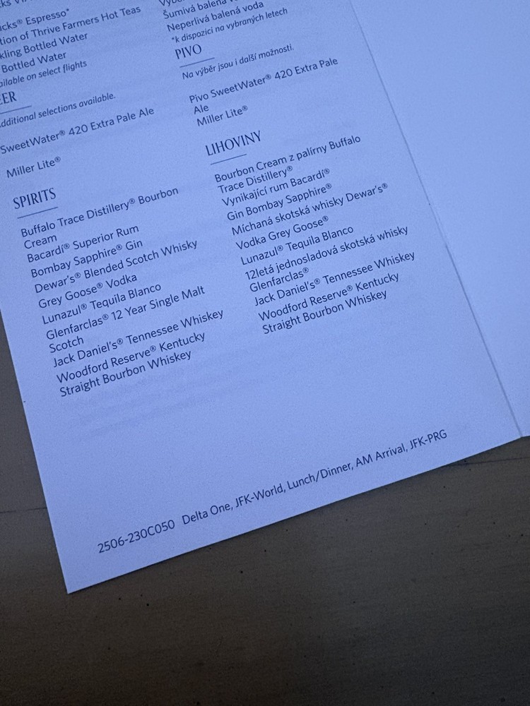 Delta One Menu from JFK to PRG June 2025