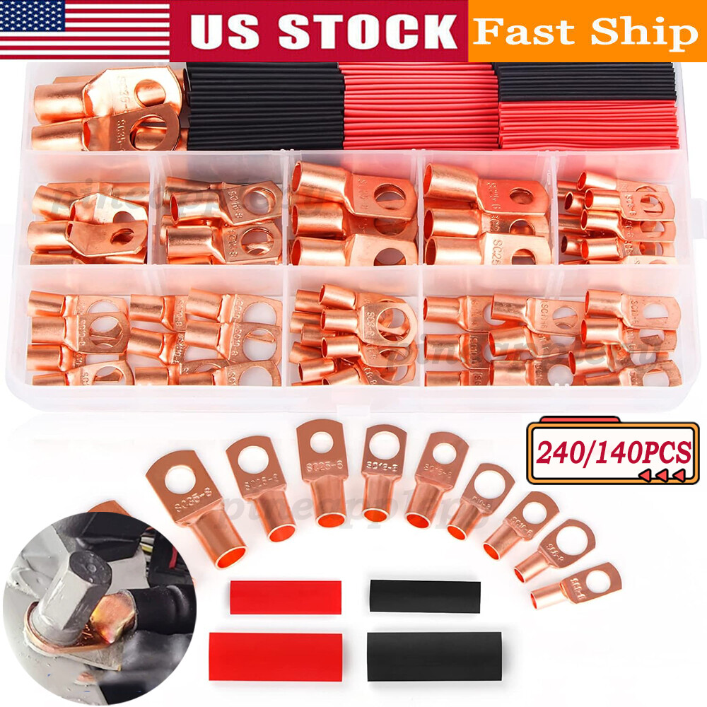 240Pcs Copper Battery Wire Lugs Ends Cable Eyelets Ring Terminals Connectors Set