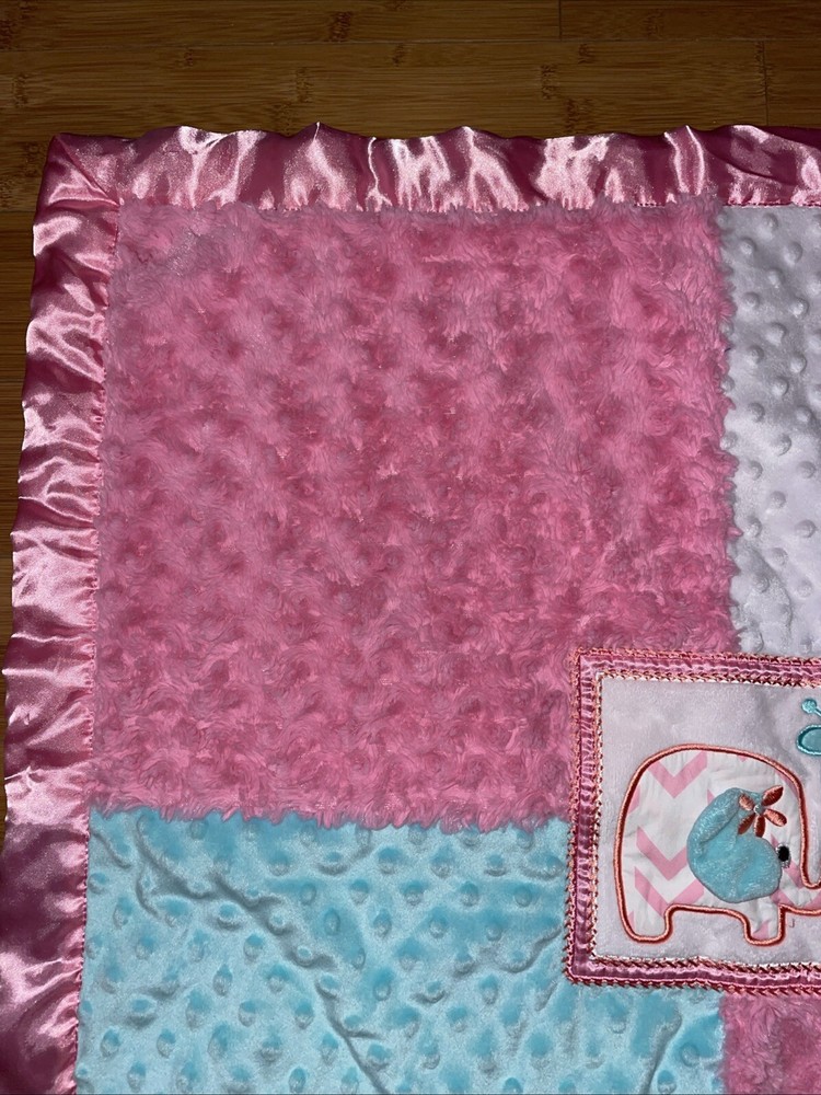 AD Sutton Son Pink Blue White Patchwork Elephant Baby Blanket Satin Minky Dot