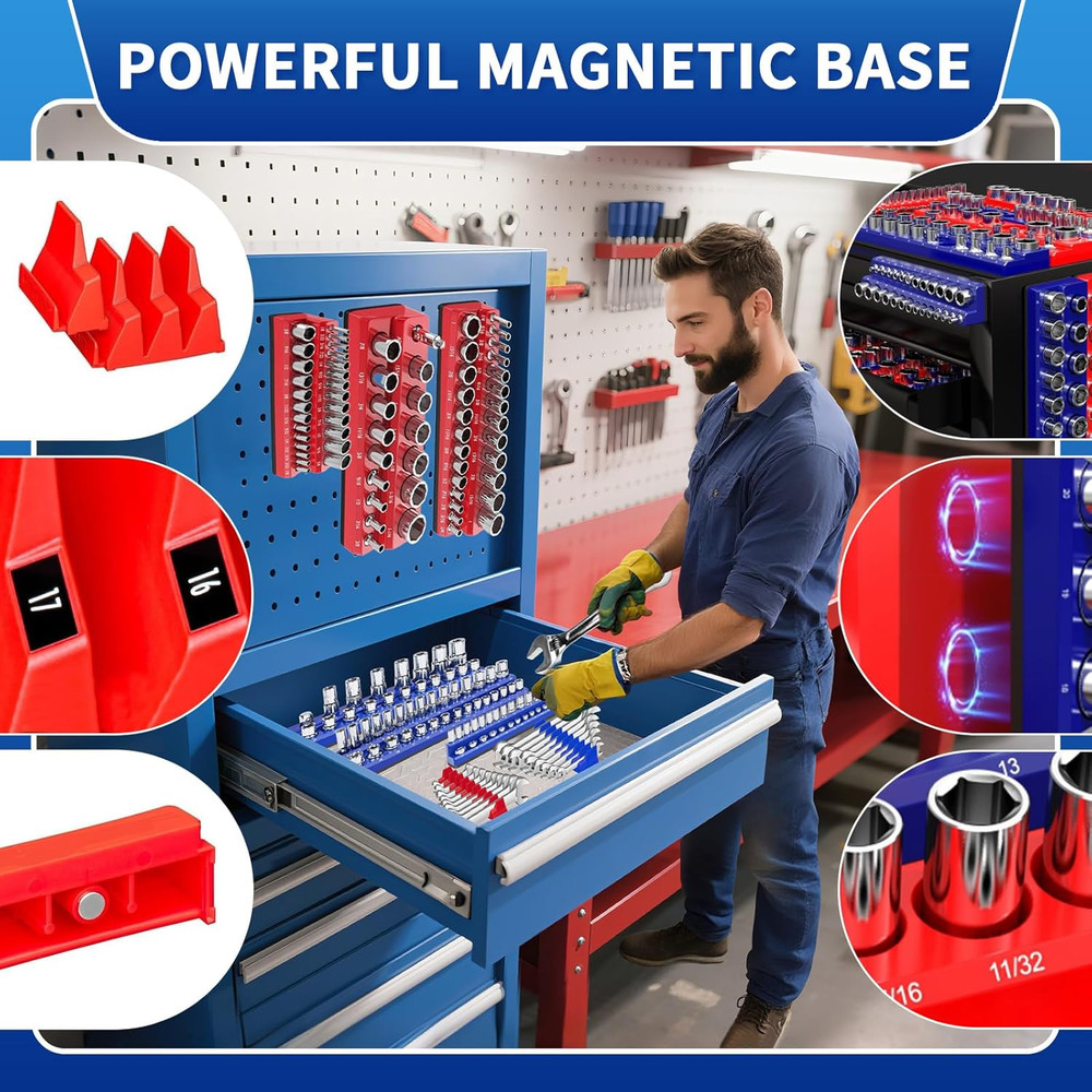 Magnetic Socket Organizer Set, 8PCS Socket Holder with 6 Socket Trays & 2 Wrench