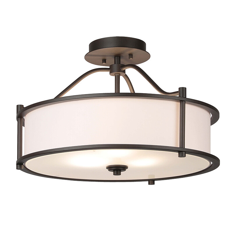Semi Flush Mount Ceiling Light Bronze Drum Ceiling Light Fabric Shade 3 Light