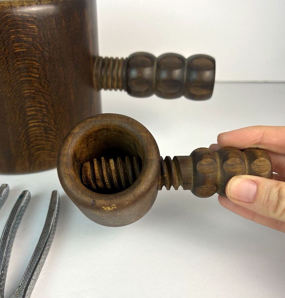 Vintage Wood Nutcracker Set Walnut Serving Bowl 3 Crackers Complete Hand Turned