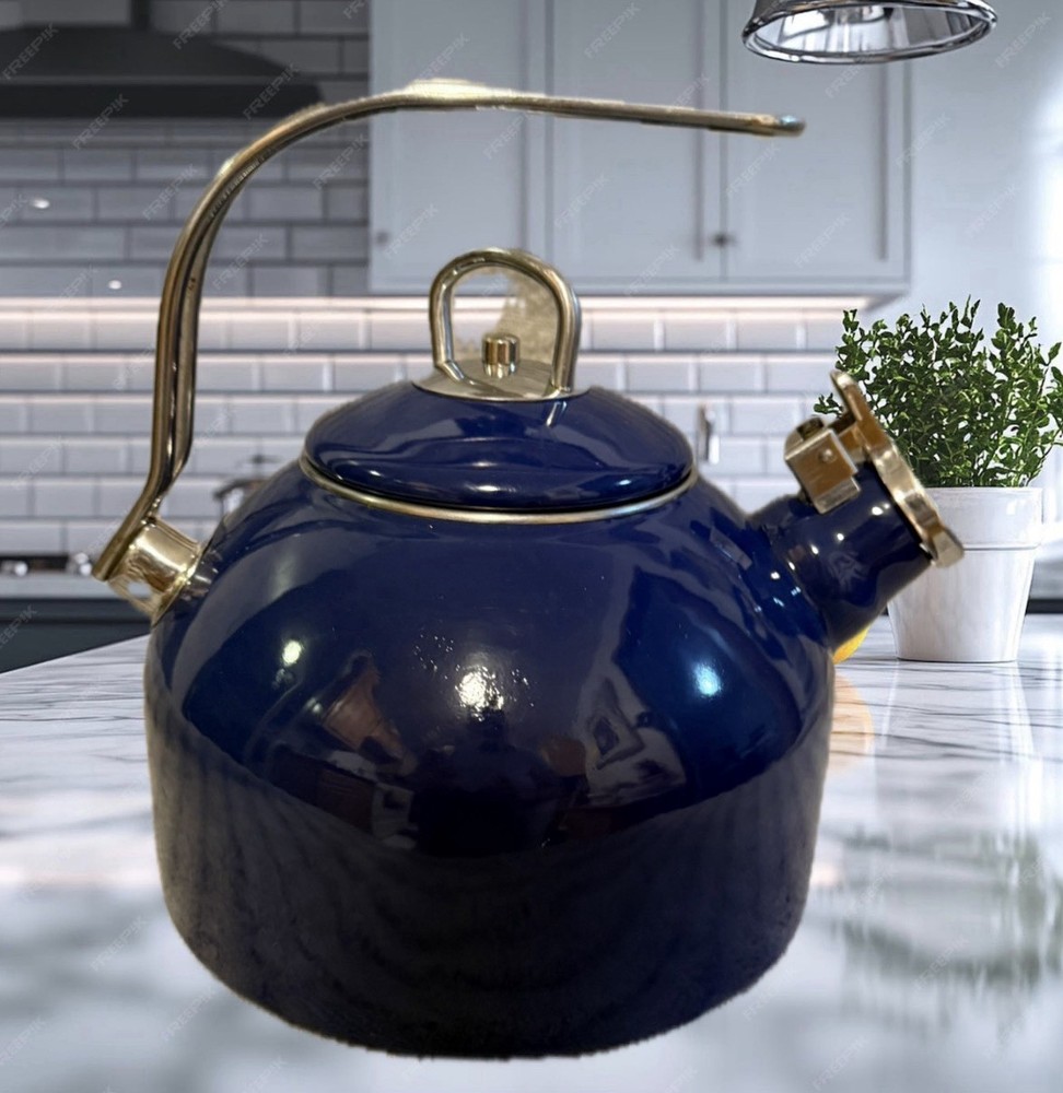 Martha Stuart Blue Enamel Whistling Tea Kettle 1.5 Qt Stainless Handle