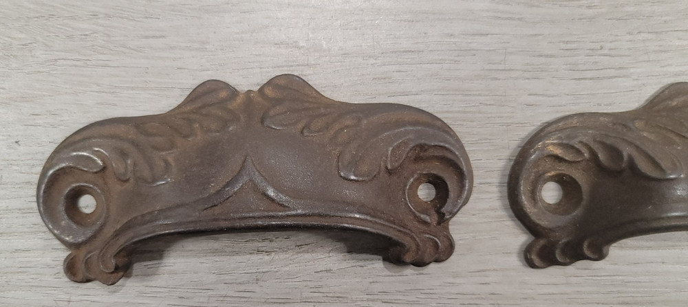 Antique Apothacary Bin Cabinet Drawer Handle Pull Cast Iron Cup Pair Dated 1868